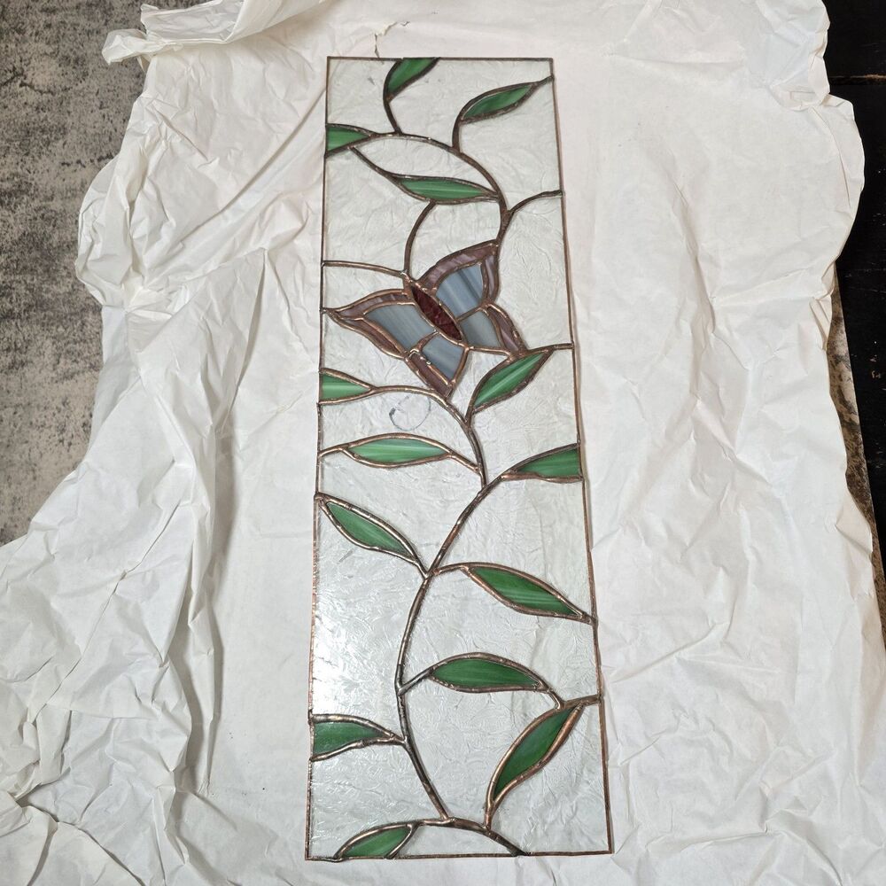 Handmade Stained Glass Panel Butterfly Beautiful Floral 6" x 19.5" Purple GreenD
